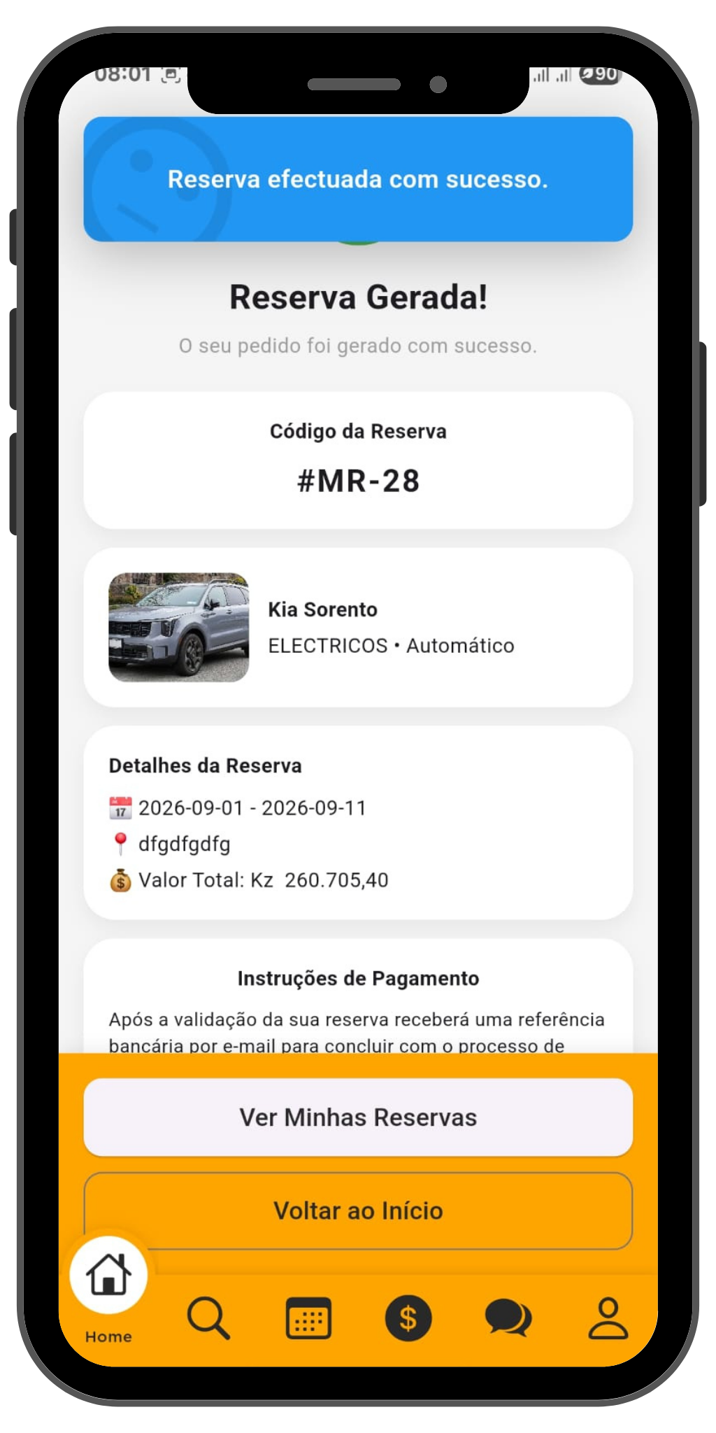 Reserva gerada com sucesso
