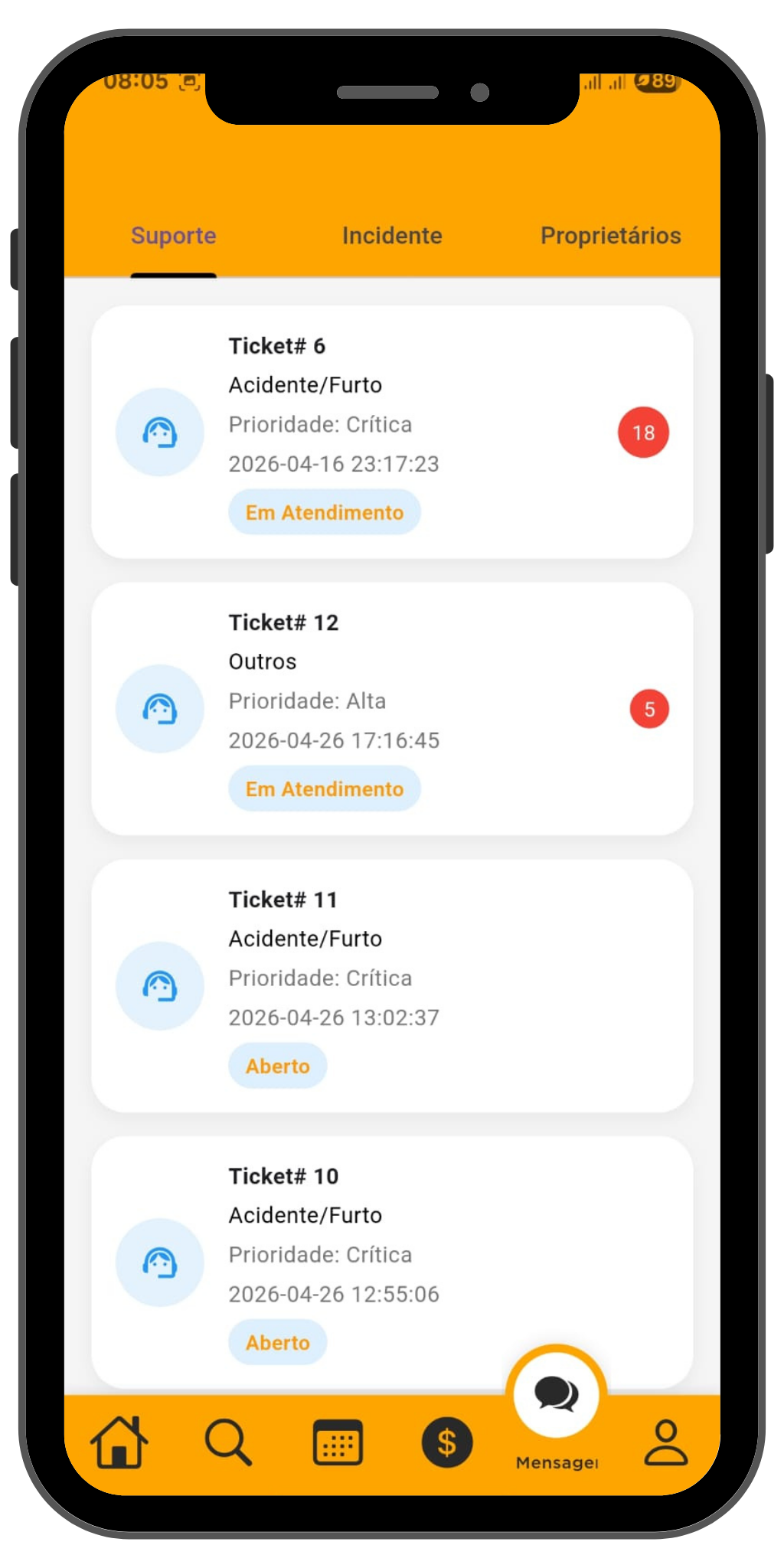 Lista de tickets de suporte